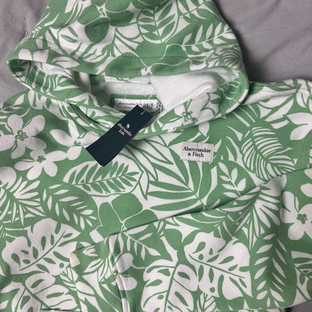 Abercrombie Kids Girls Tropical Floral Pullover Hoodie Pockets Green 8-10